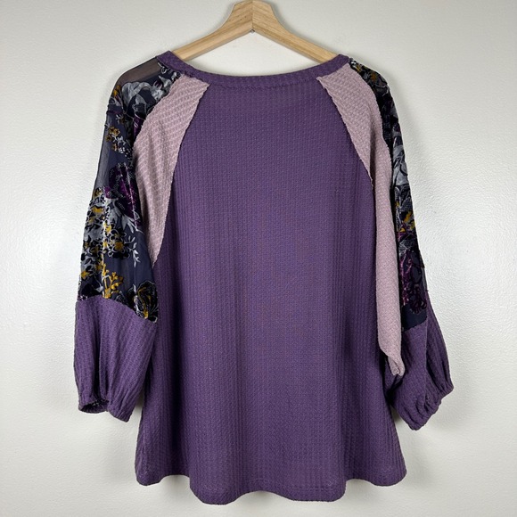 Kori Tops - Kori Women's M Waffle Knit Top Purple Floral Mixed Media Boho